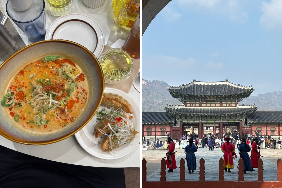 Links ein Gericht im Lokal Plantude, rechts ein Schnappschuss aus dem Gyeongbokgung-Palast
