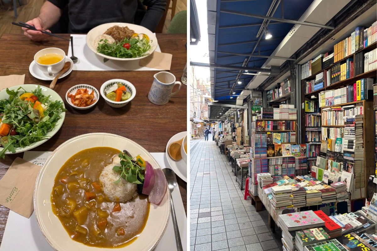 Links ein Gericht im Lokal Ecotopia, rechts die Bosu-Book-Street