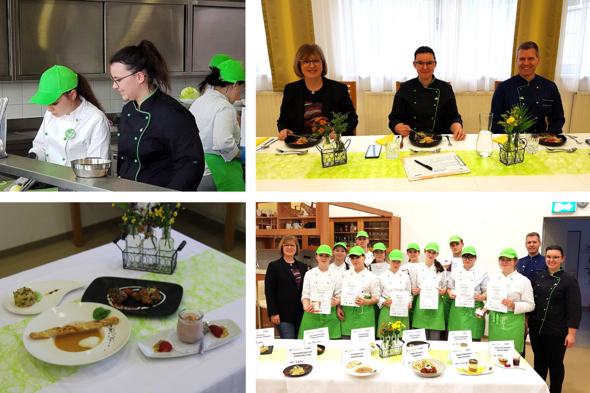 Verena Deutsch beim Kochen mit einer Schülerin, die für die Vegucation-Prüfung zubereiteten Gerichte, die Prüfungskommission und die stolzen Schüler:innen mit ihren Vegucation-Zertifikaten