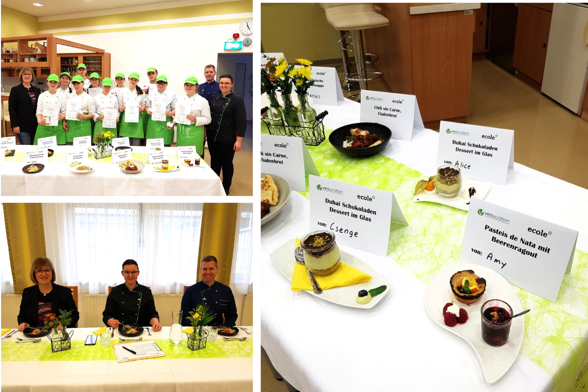 Die stolzen Schüler:innen nach der erfolgreich absolvierten Prüfung, die Prüfkommission und Desserts, die die Schüler:innen zubereitet haben