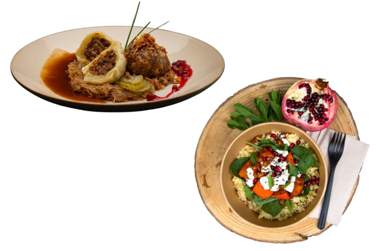 Knödel von Jablonski’s auf Sauerkraut und ein Gericht mit Couscous, Kürbis, Spinat und Granatapfel von Holistique
