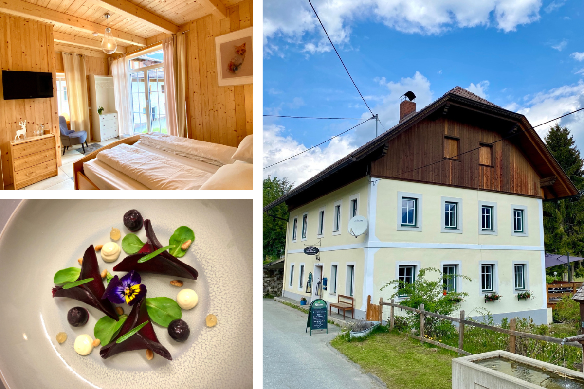 Zimmerausstattung, Einblick ins vegane Abendmenü und Außenansicht vom Haus 26