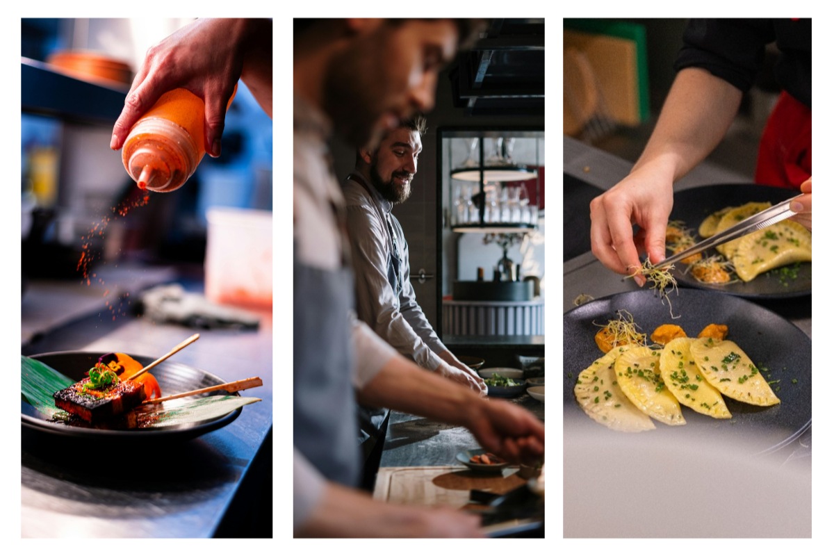 Bildcollage; zwei Fotos von Speisenzubereitungen und eines von zwei Köchen bei der Arbeit