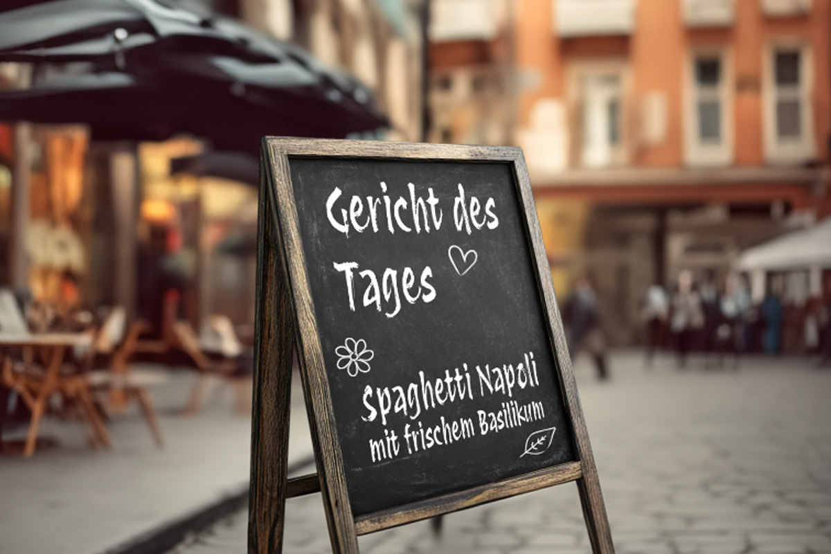 Aufsteller mit "Gericht des Tages: Spaghetti Naopli mit frischem Basilikum"