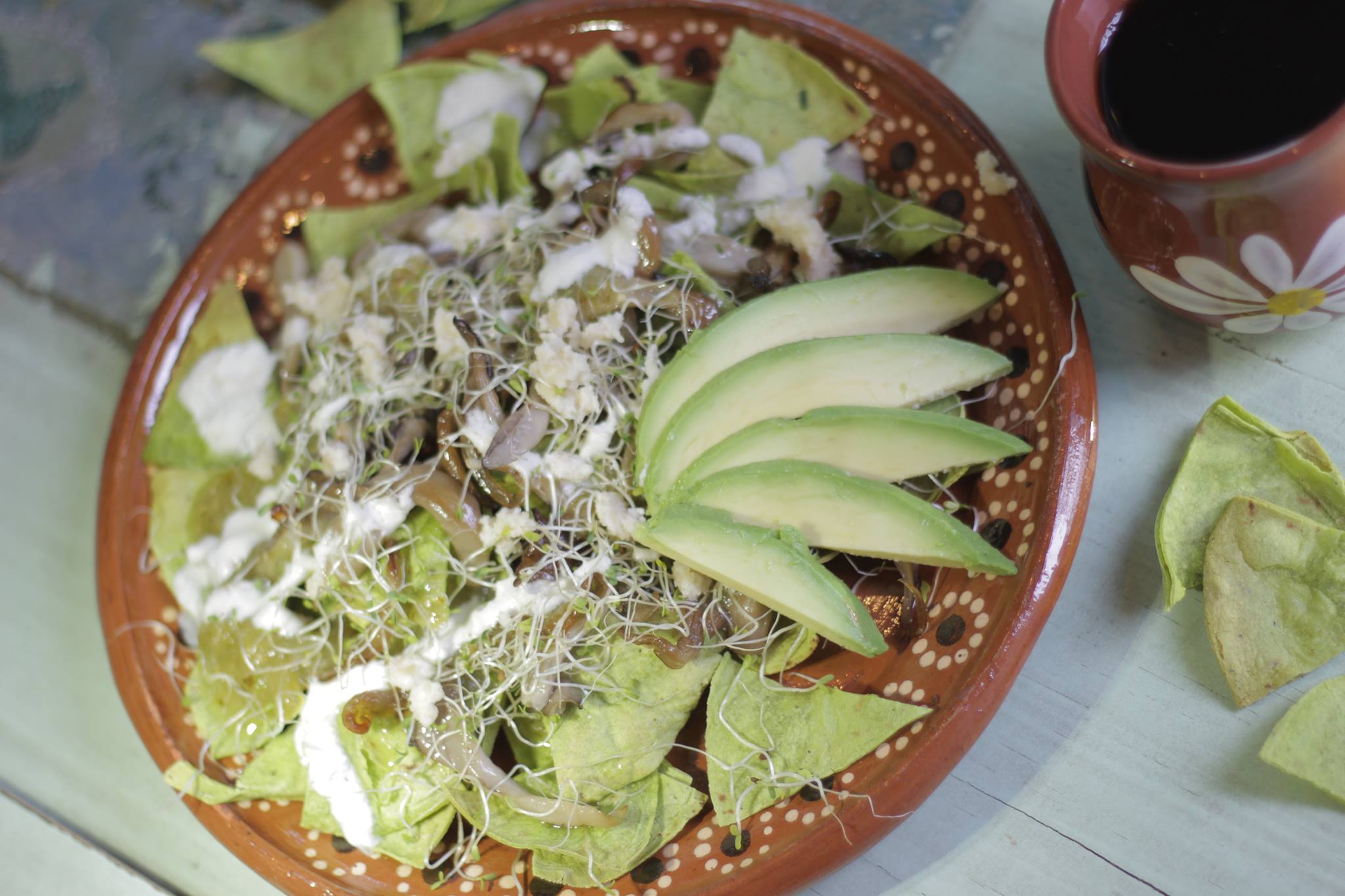 Chilaquiles aus Kaktusmehl mit grüner Chili-Sauce Chilaquiles aus Kaktusmehl mit grüner Chili-Sauce