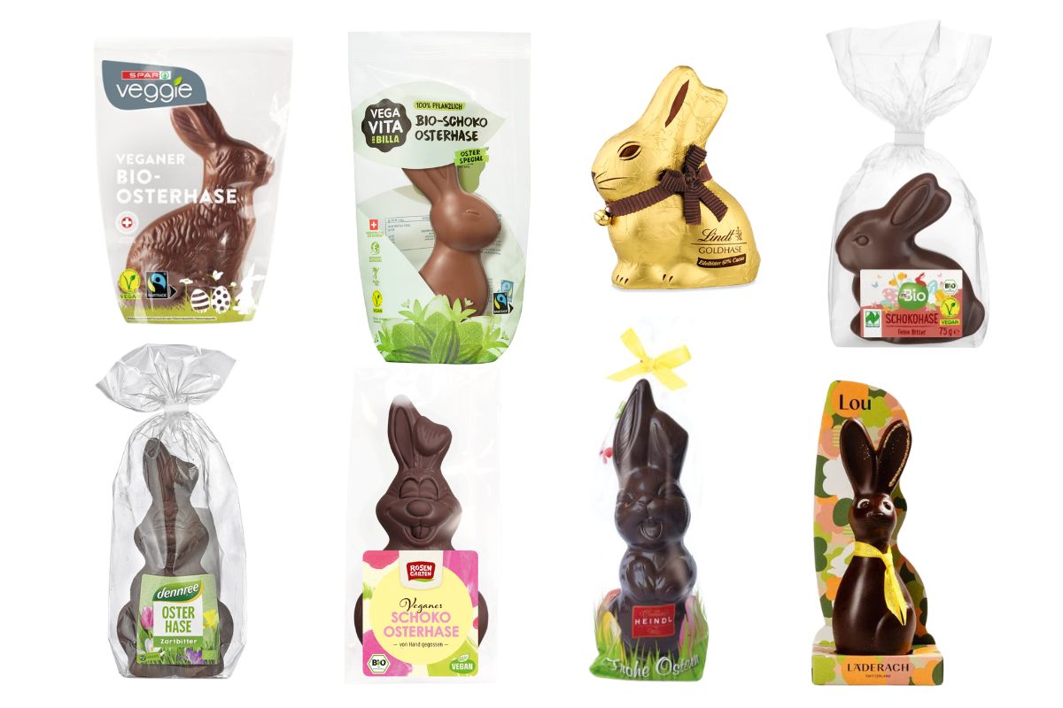 Eine Auswahl an veganen Schokoosterhasen in einer Produktübersicht.