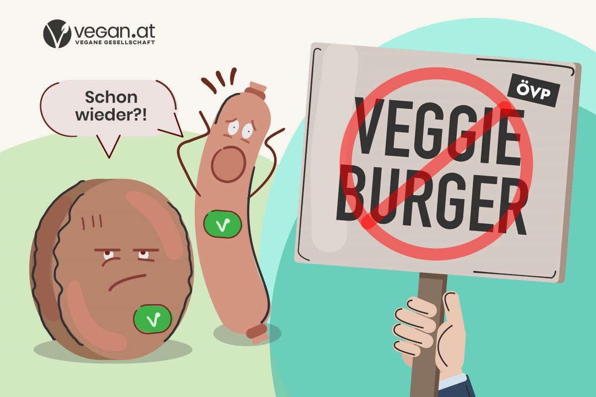 ein Burger-Patty und eine Wurst mit veganer Kennzeichnung und menschlichen Attributen sind traurig und erschrocken, weil daneben ein Schild mit der durchgestrichenen Aufschrift "Veggie-Burger" und dem Schriftzug "ÖVP" zu sehen ist