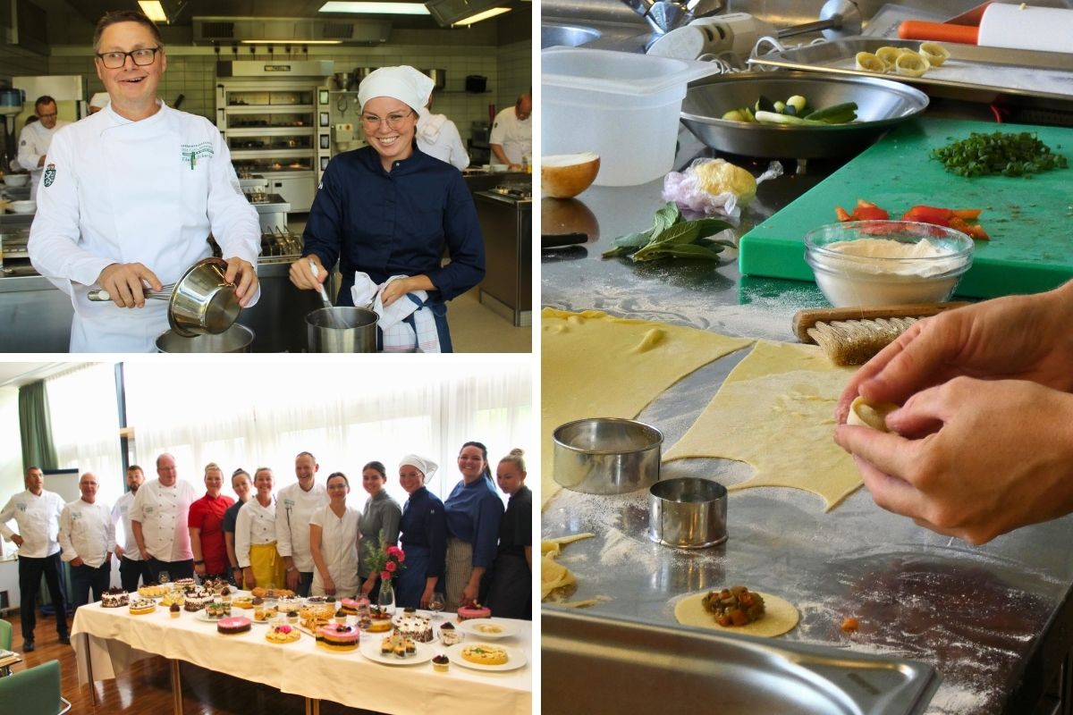 Köche und Köchinnen beim Kochen und im Gruppenfoto.