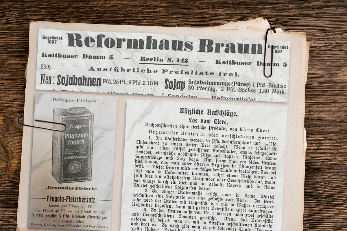 3 Zeitungsausschnitte mit Anzeigen: 1. Reformhaus Braun in Berlin, wo es Sojabohnen und Sojap, also Sojabohnenmus, gab 2. Frugola-Fleischersatz mit Illustration der Verpackung, 3. Rezept für den "vegetabilen Braten"