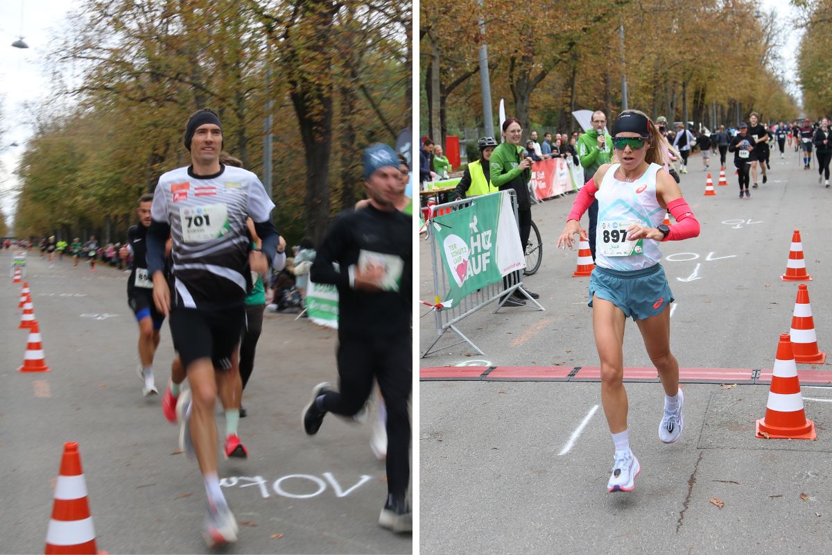 Marathonprofi Andreas Vojta und Olympiateilnehmerin Julia Mayer beim Zieleinlauf.